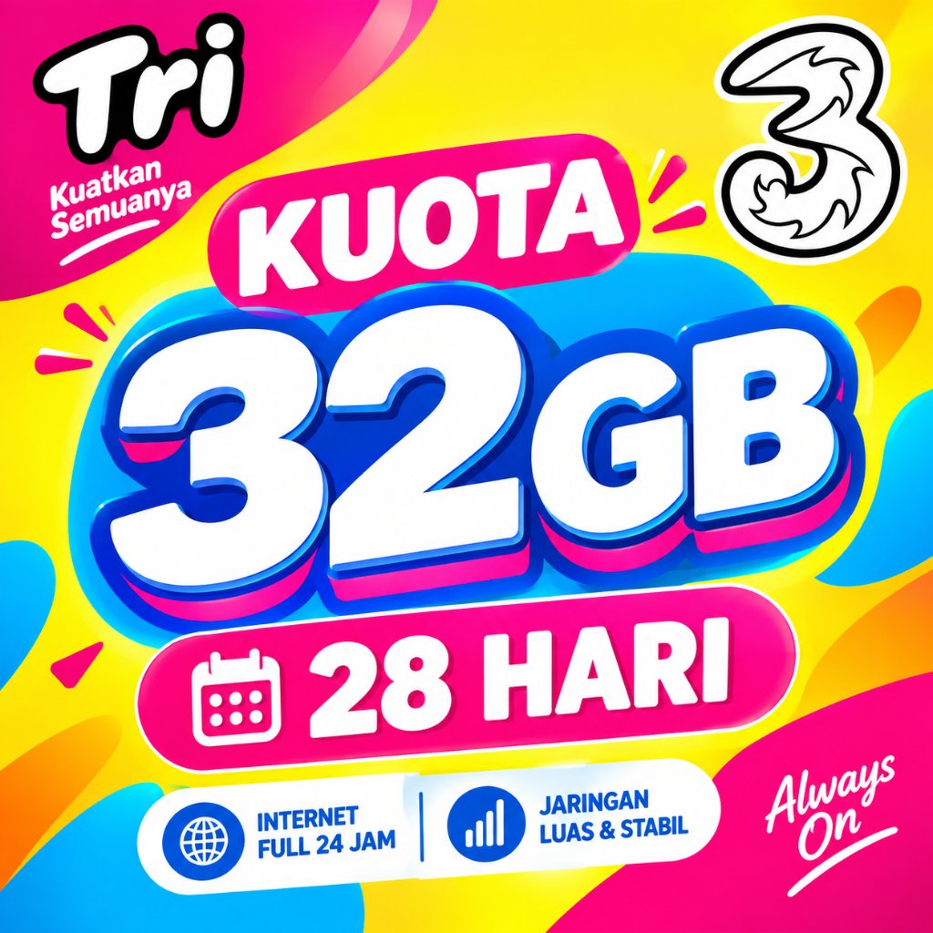 Kuota Tri 32GB 28 Hari Full 24 Jam Nasional