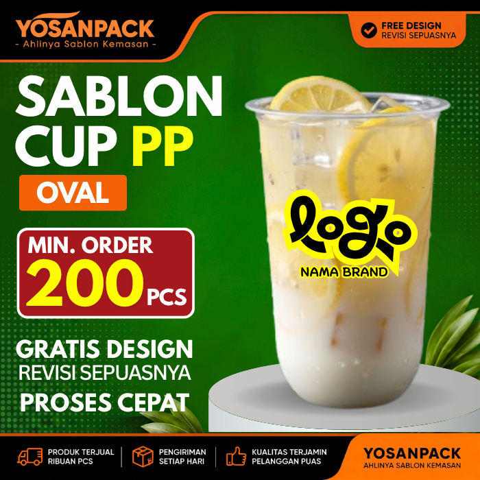 Sablon Cup Plastik Oval Gelas Minuman Boba Custom Logo 2 Sisi