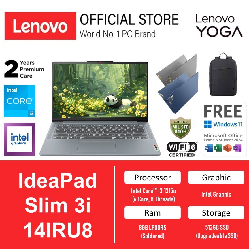 Lenovo IdeaPad Slim 3i 14IRU8 Intel Core i3 1315u Ram 8GB Storage 512GB SSD Windows 11 Home + Office