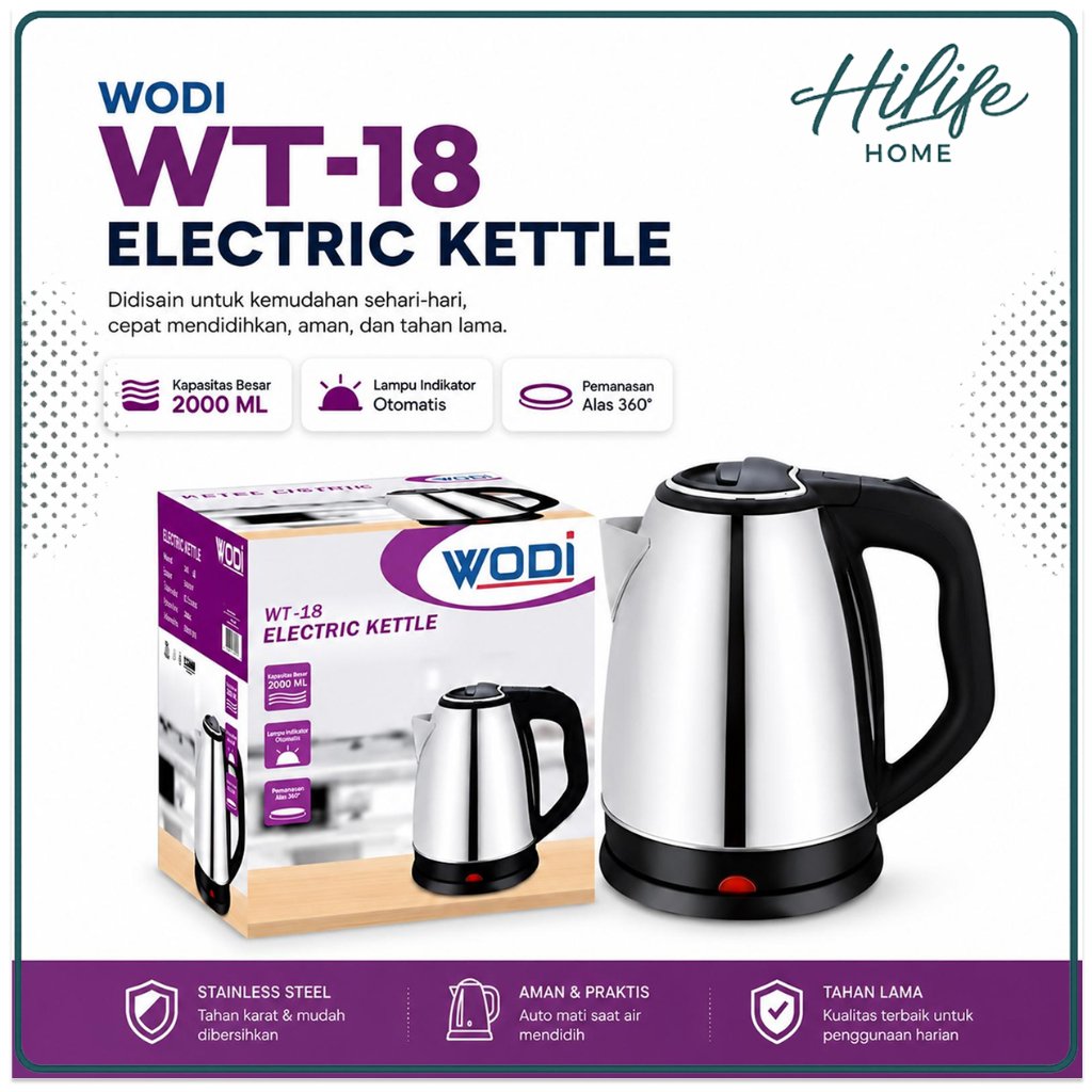 WODI Teko Listrik Pemanas Air 2L / Kettle Elektrik 2 Liter Stainless WT-18