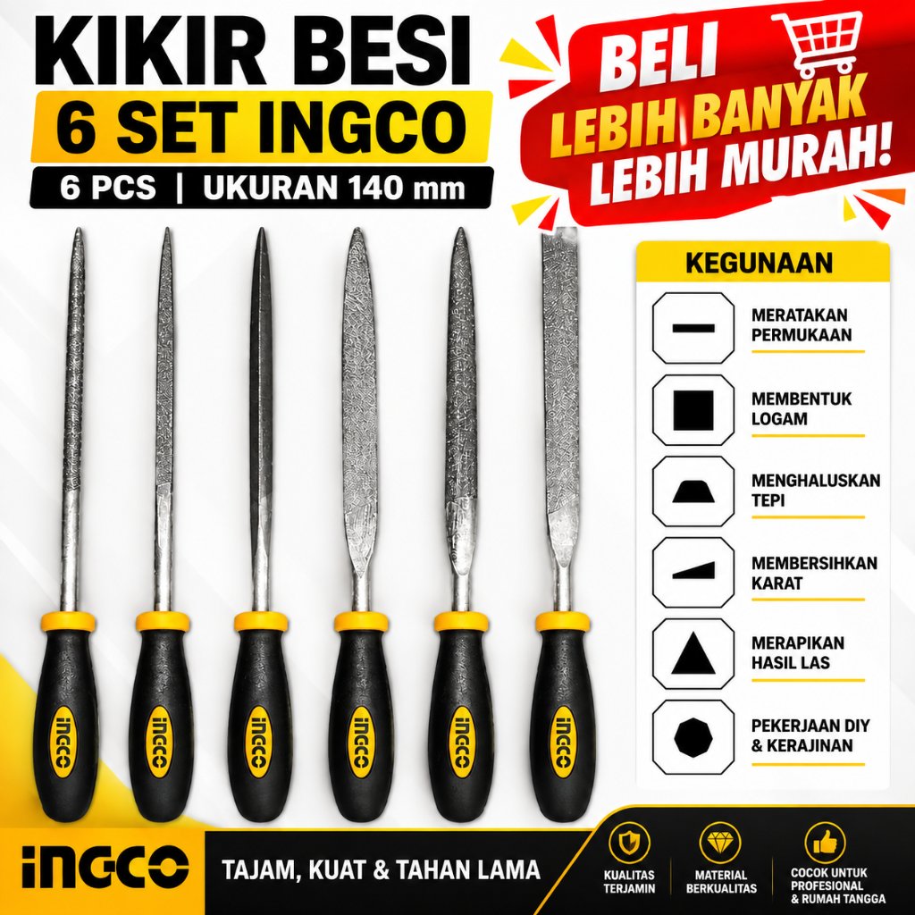 GROSIR Kikir Besi INGCO 6PCS 140mm HKTF63 Set Kikir Logam Baja Harga Grosir