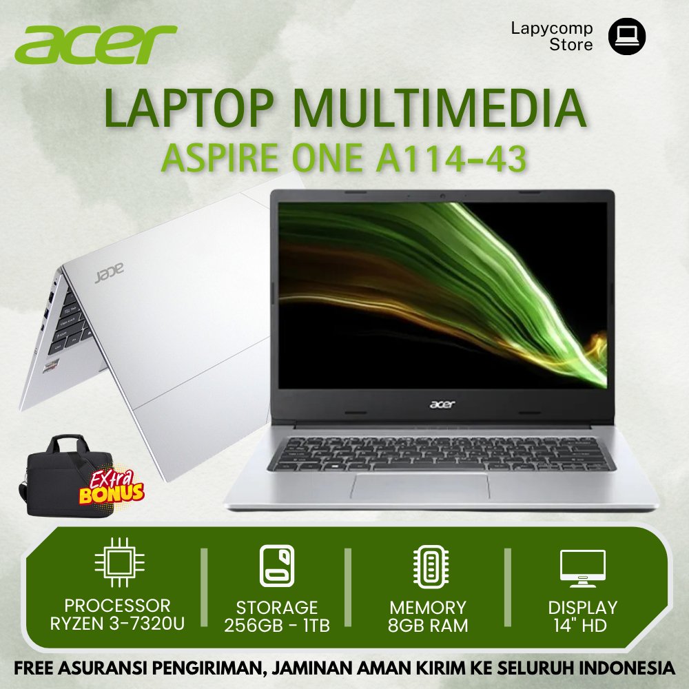Acer Aspire One A114 - 43 Ryzen 3 - 7320U Ram 8GB Ssd 256GB / 512GB 14" Laptop Kerja Sekolah Baru