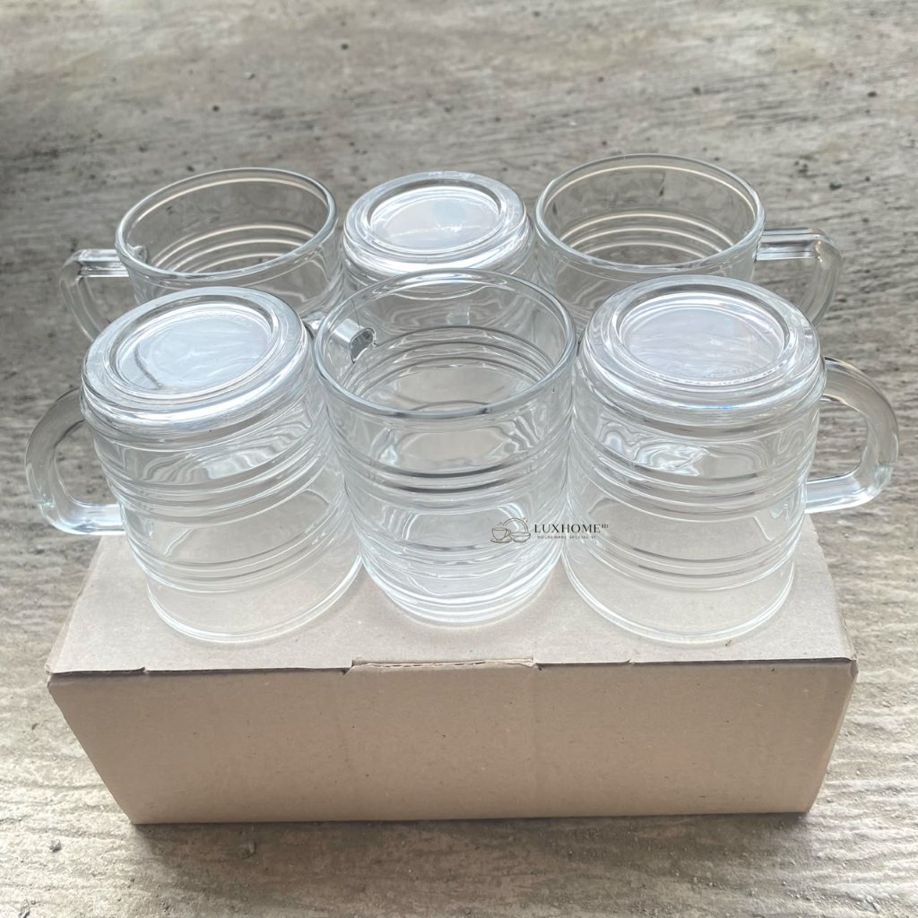 Gelas Kopi Drum Isi 6Pcs - Gelas Kopi Gagang - Gelas Kaca Bentuk Drum-Gelas Cocok Buat Minum Kopi