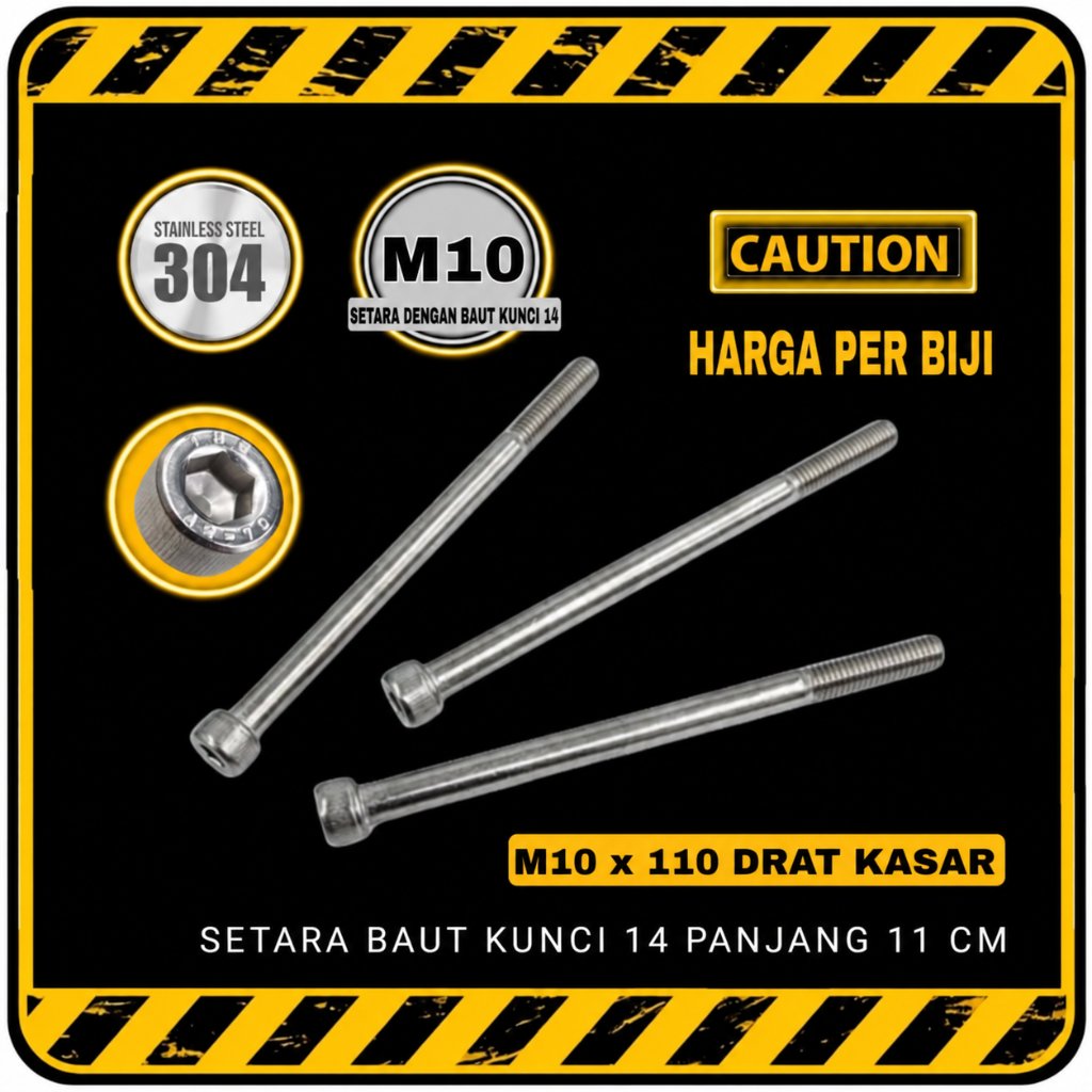 Baut L STAINLESS M10 x 110 | M10x110 Drat Kasar ( Setara Baut Kunci 14 | Panjang 110 mm / 11 cm )