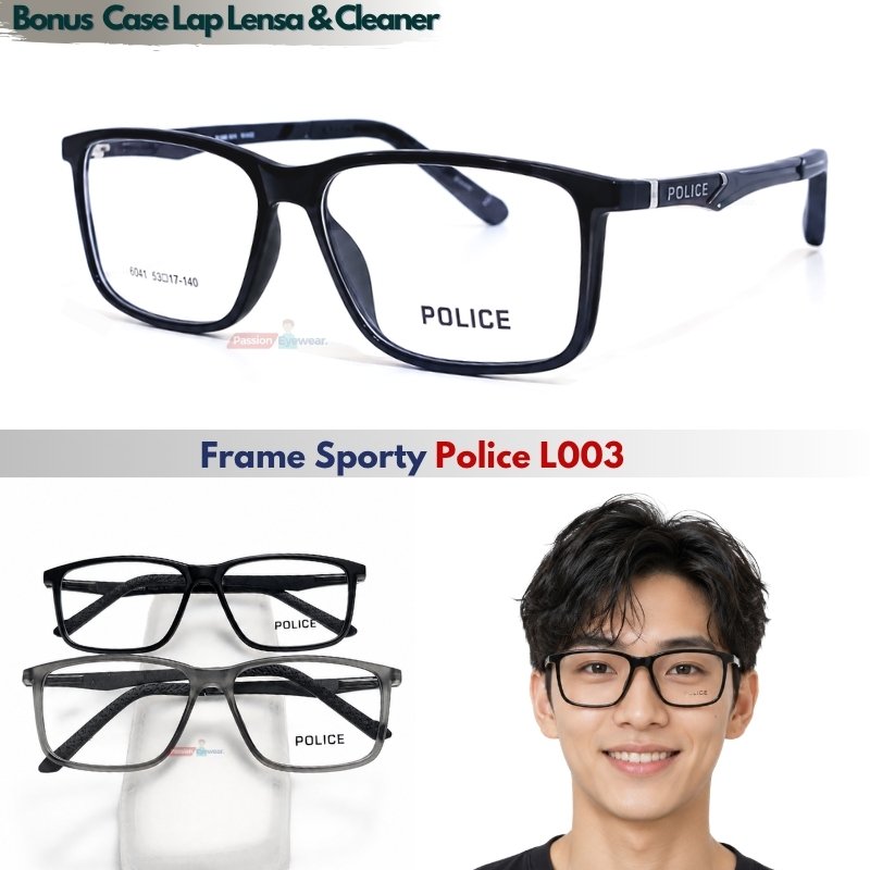 Frame Kacamata Pria Sporty Police L003 Lensa Normal Minus Baca Progresif Anti Radiasi Blueray Photoc