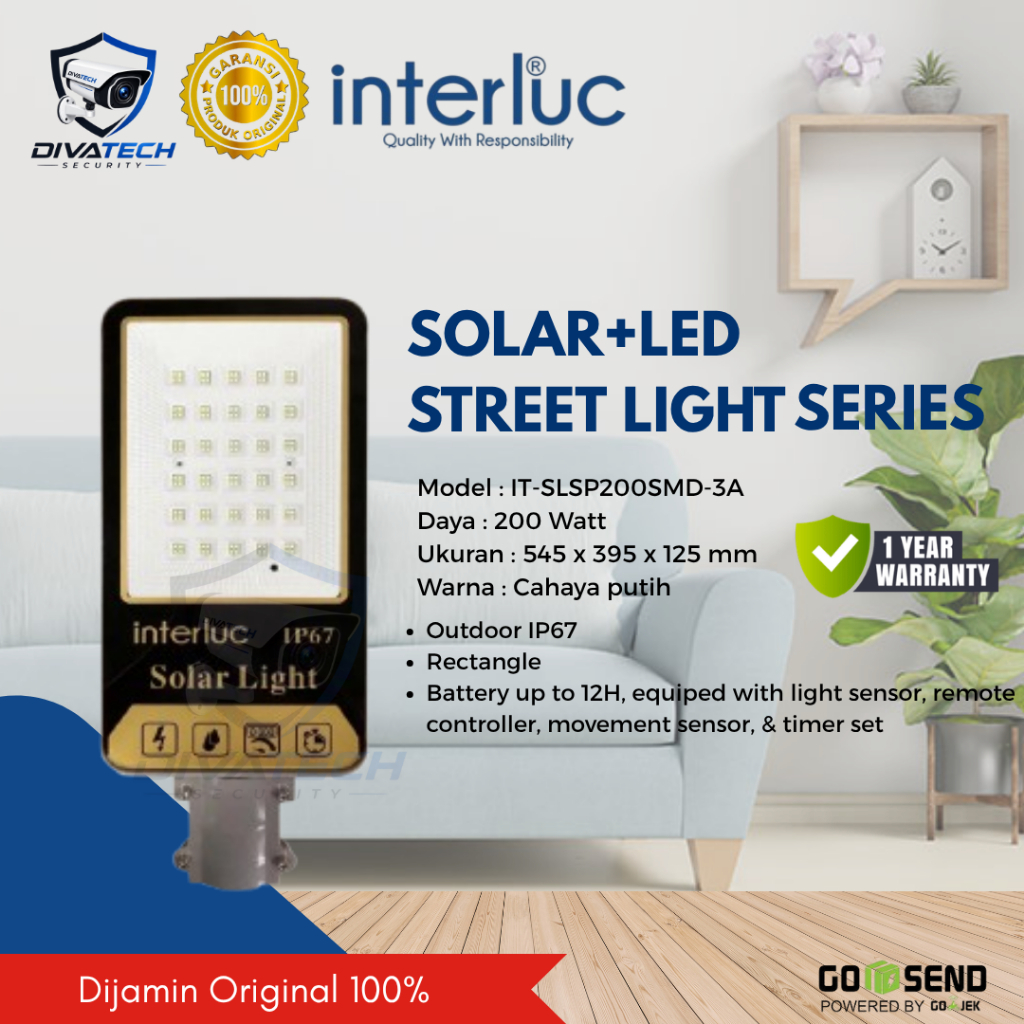 INTERLUC Lampu Jalan LED Solar 200W IP67 Putih Sensor Gerak Timer 12 Jam