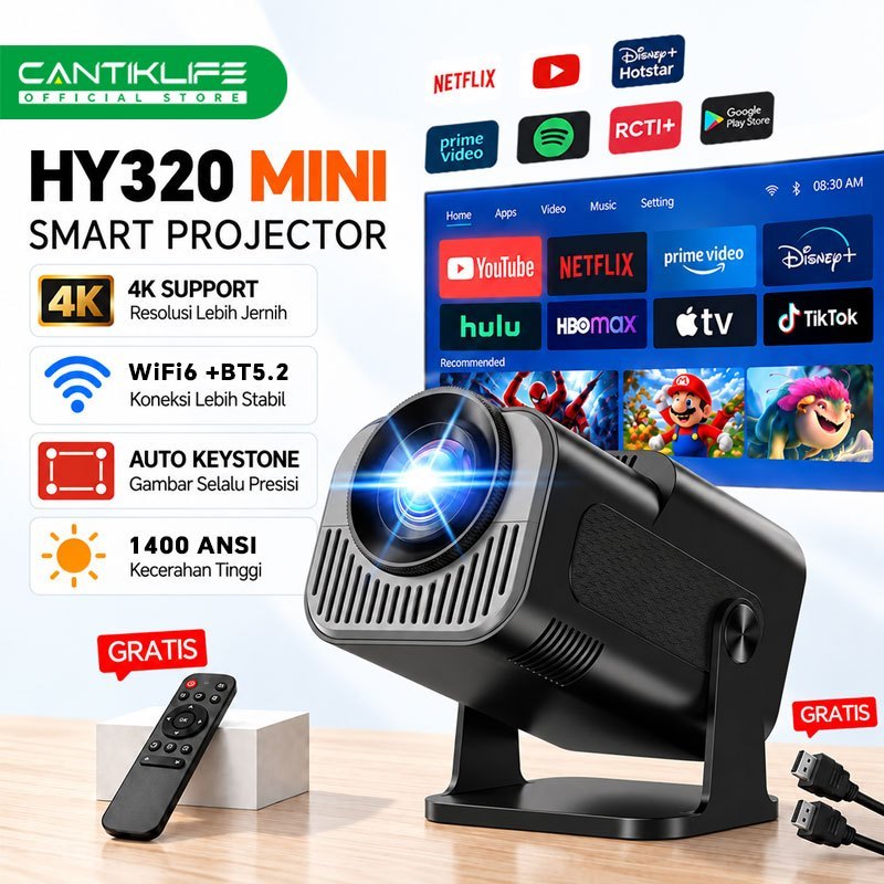 Cantiklife Proyektor Mini HY320 4K Asl WiFi6 Wireless Cast HP Bluetooth 5.2 Portable Projector untuk