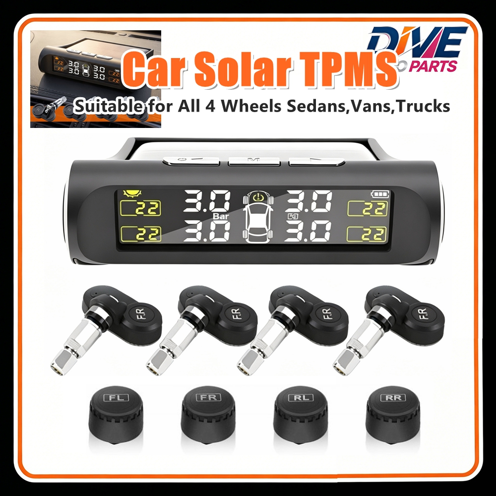 TPMS Monitor Tekanan Ban Mobil Tenaga Surya, Alarm Tekanan & Suhu, 4 Sensor Universal untuk Mobil, V