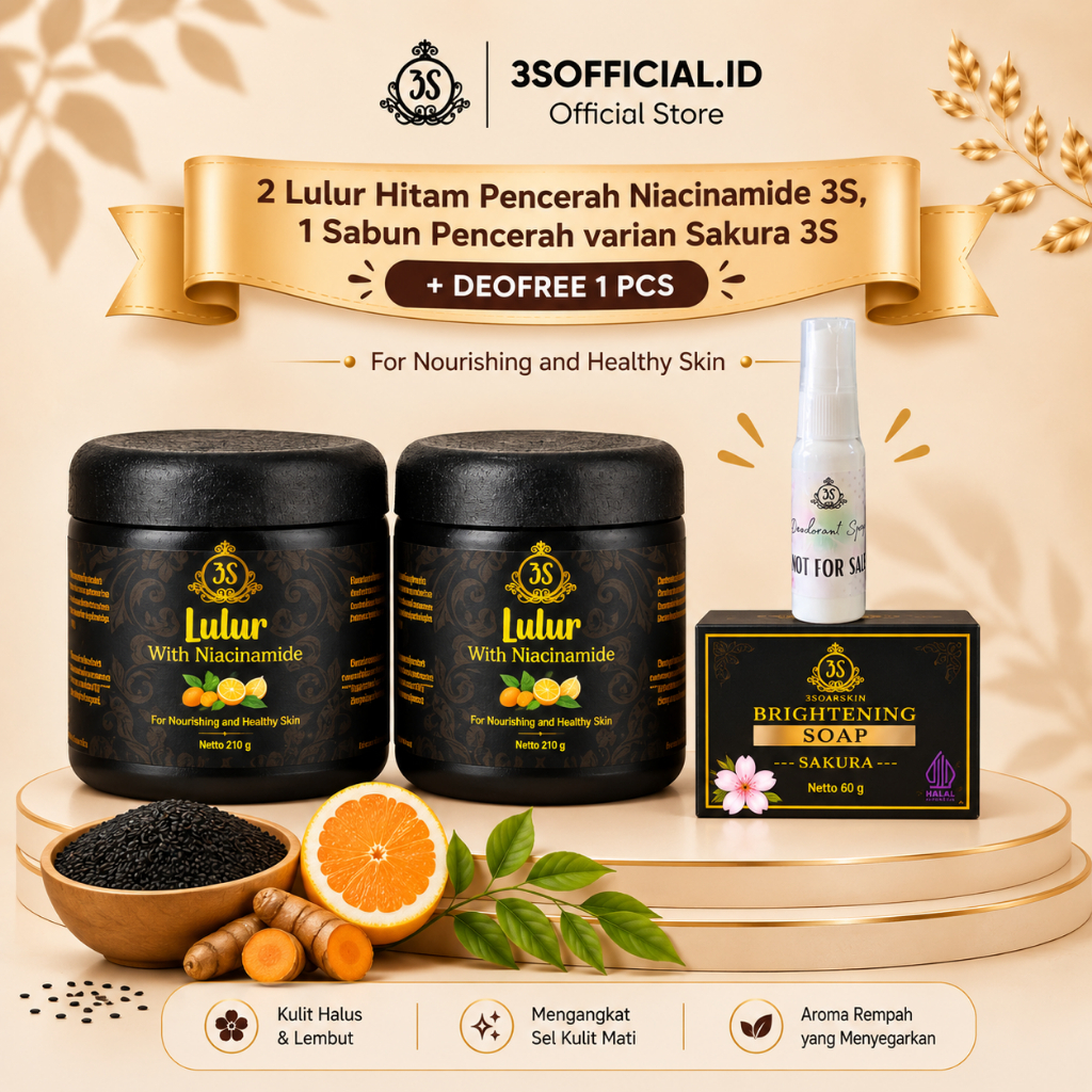 [DEO SPRAY 25ML]  2 Lulur Hitam With Niacinamide 3S 250gr + 1 Sabun Pencerah 3S Varian Sakura Mencer