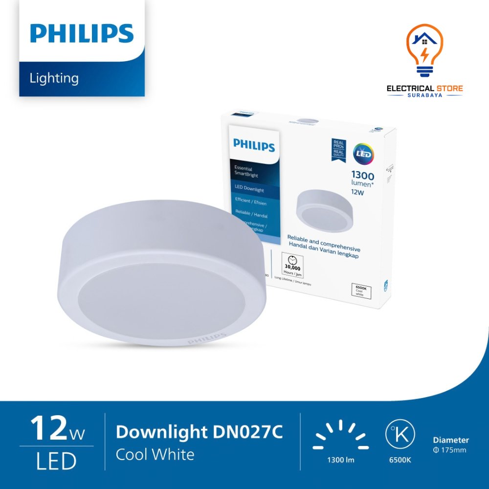 Lampu Plafon Philips Outbow 12W 12 Watt LED Downlight DN027C - Cahaya Putih (6500K Cool White)