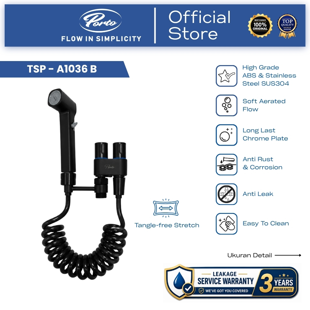PORTO TSP - A1036B Shower Bidet Spray Toilet Matte Black Anti Karat Korosi Kimia Satu Set Komplit Se