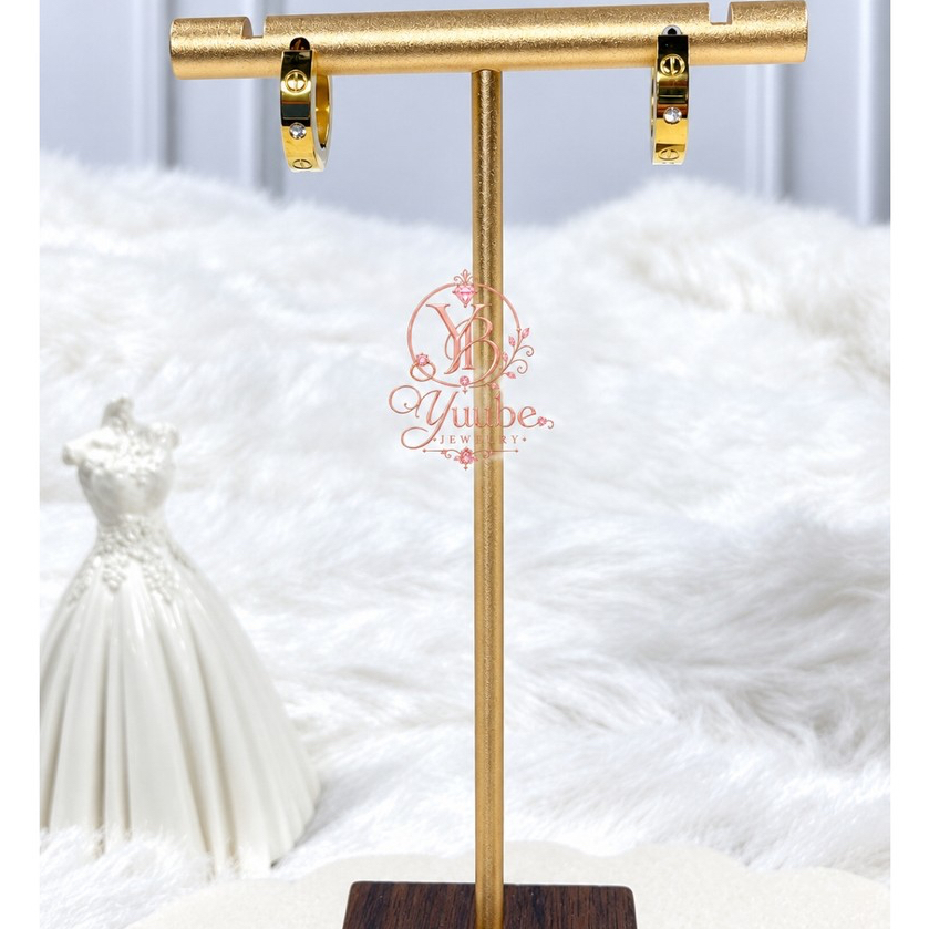 YUUBE - Anting Klip Motif Cartier Diamond Gold Titanium/Stainless Steel Perhiasan Solitaire Lapis Em