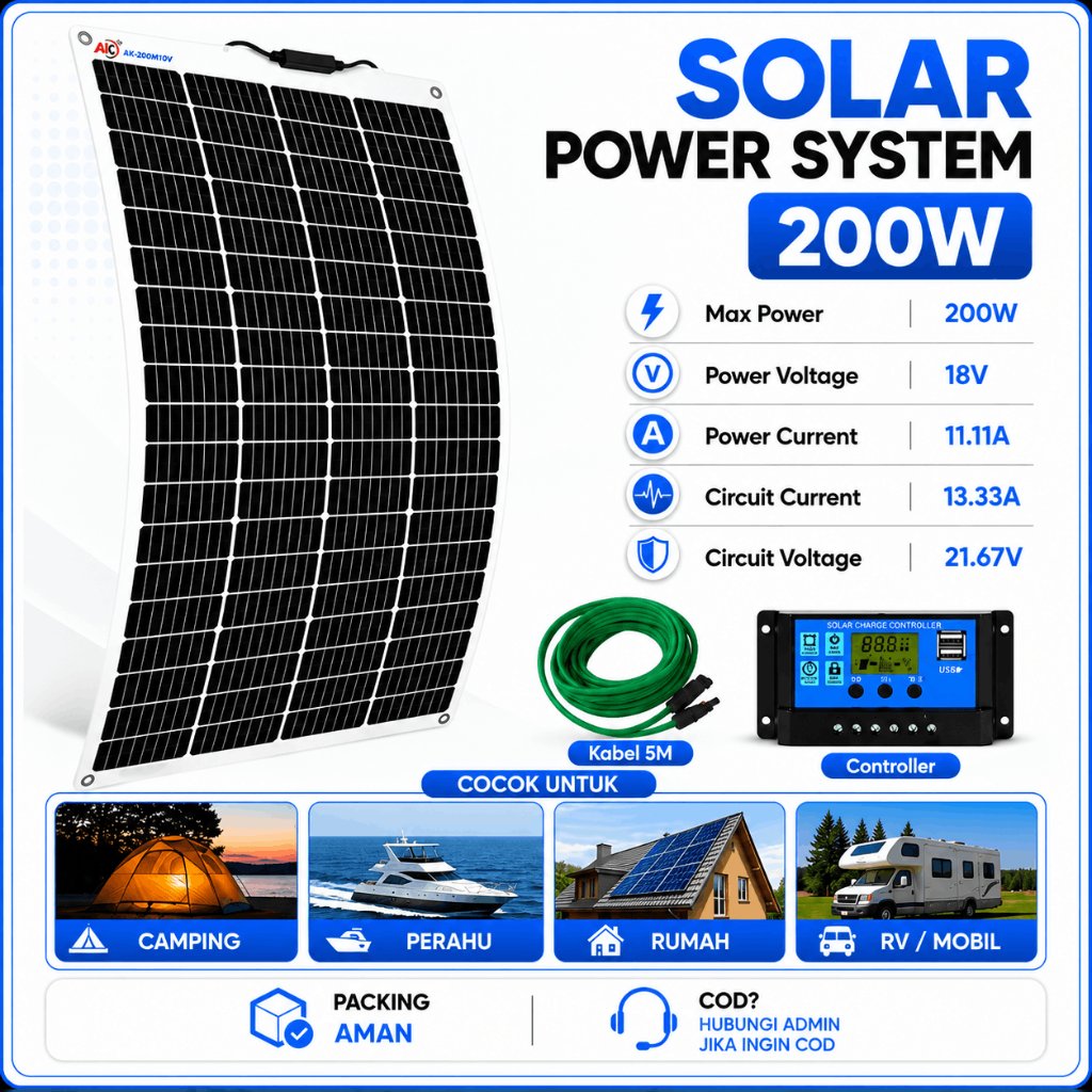Panel Surya 200WP Panel Tenaga Surya Polikristalin Kit Tenaga Surya Fleksibel 18V Waterproof Pembang