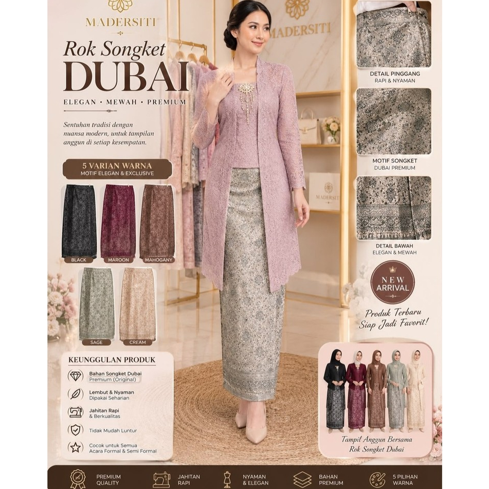 Madersiti, Rok Span Motif Dubai Printing Slimfit, Bawahan Kebaya Songket Dubai Motif Premium, Rok Ke