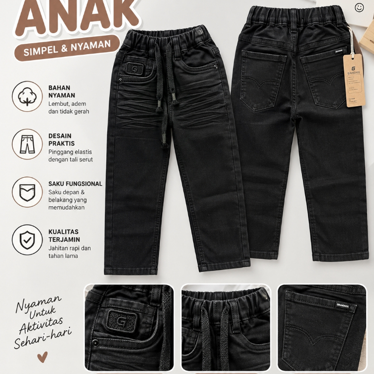 Celana Jeans Hitam Anak Laki-Laki Soft Jeans Stretch Nyaman