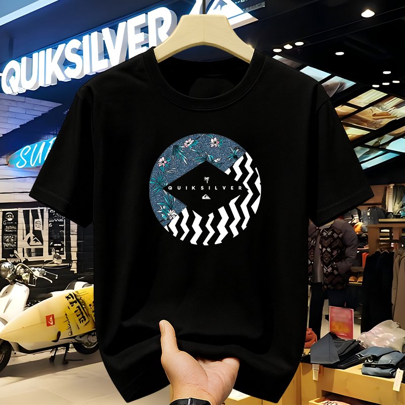 Kaos Quiksilver Pria Wanita Hitam Putih, Sablon Lingkaran Bunga Tropis & Zigzag Depan