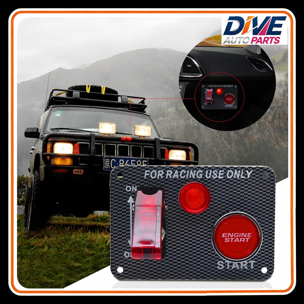 Panel Sakelar Pengapian 12V 2 in 1 Serat Karbon, Tombol Start Mesin LED untuk Mobil Balap, RV & Truk