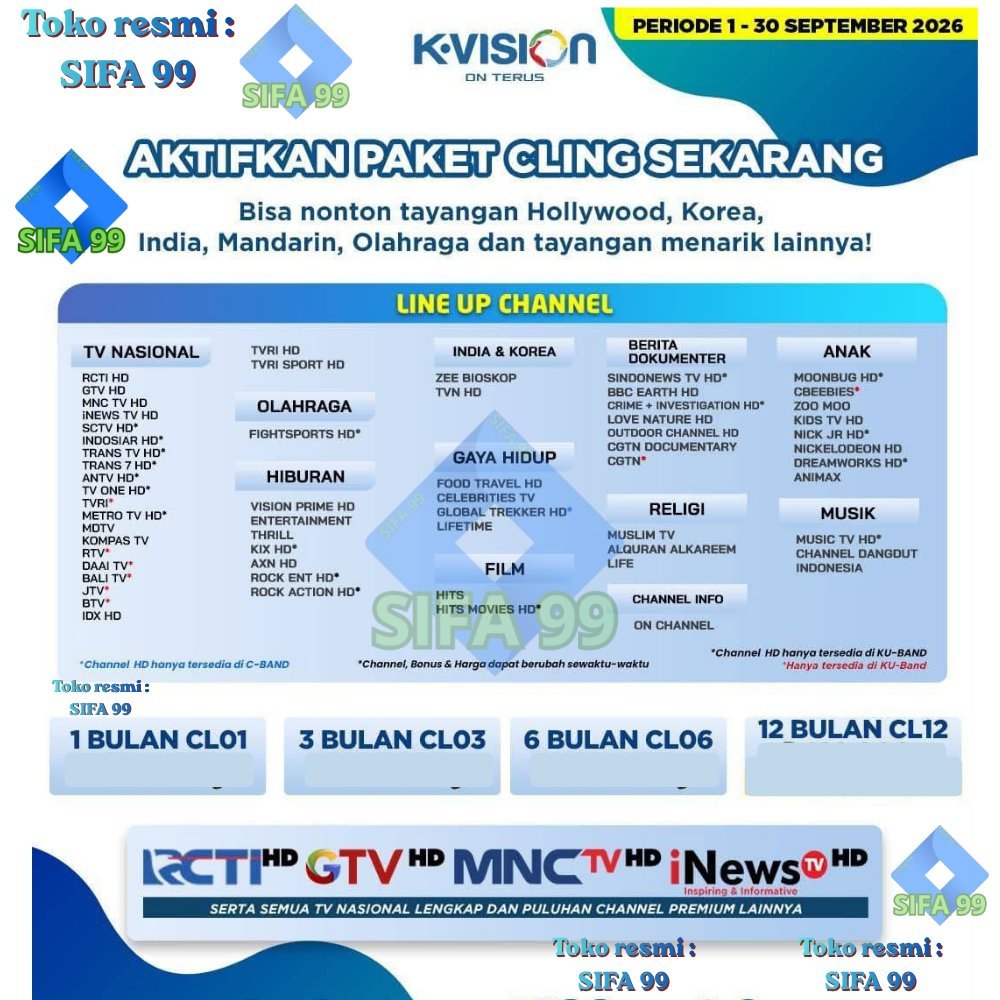 PAKET CLING K-VISION (MNC Grup KVision  /TRANS GROUP DAN CHANNEL LOKAL) TIPE BROMO CARTENZ DAN GOL B