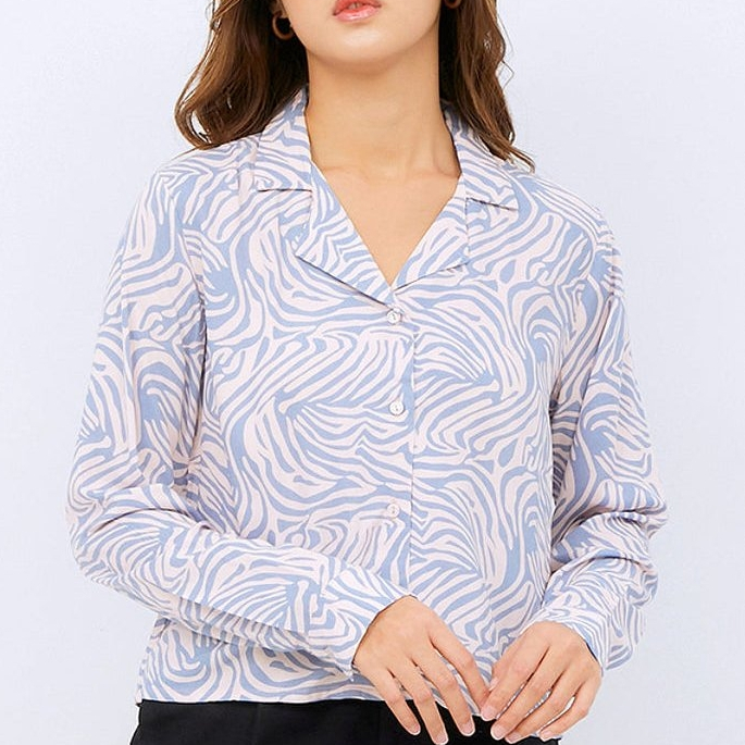 kemeja COLORBOX Printed Long Sleeve Crop Blouse Blue
