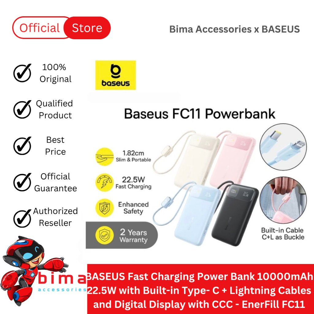 BASEUS Fast Charging Power Bank 10000mAh 22.5W Type- C + Lightning Cables Powerbank EnerFill FC11