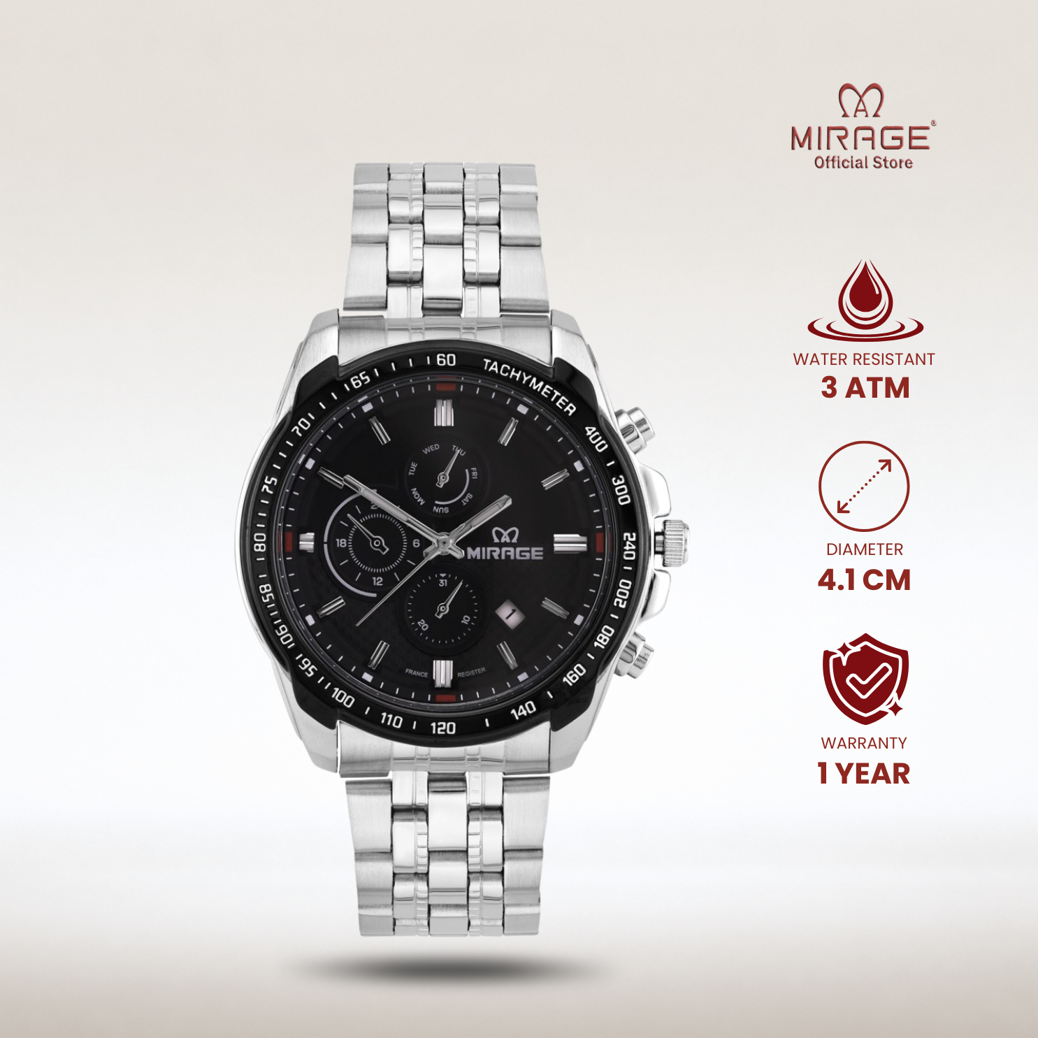 Mirage Analog Pria Jam Tangan Formal Chrono Sporty Silver Stainless Tanggal Aktif 8535 / 8883 M