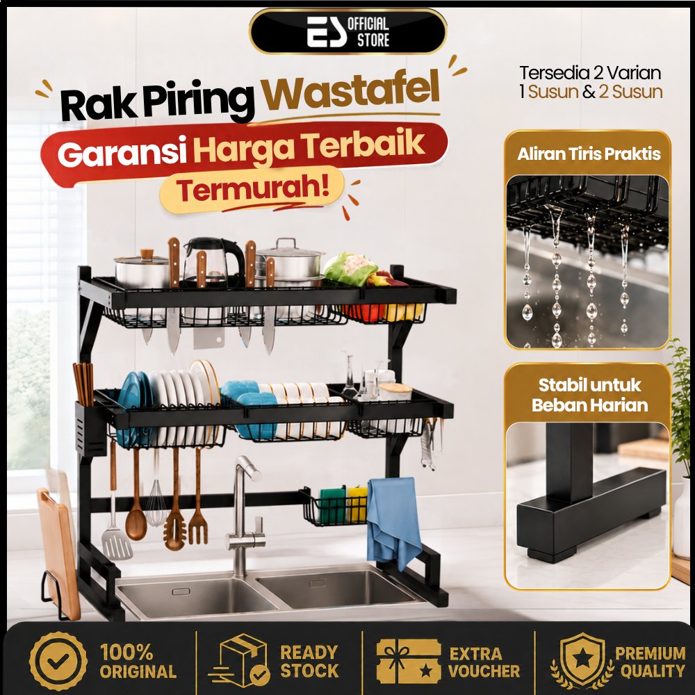 ES Rak Piring Wastafel Dapur Stainless Steel Rak Dapur Rak Penyimpanan Piring Tidak mudah karat