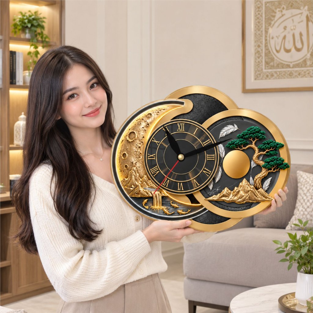 JAM DINDING UKIR AESTETHIC BENTUK BULAN EMAS WALL DECOR RUANG TAMU KAMAR ANAK
