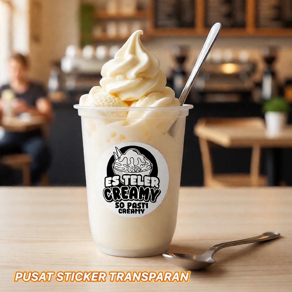 CETAK STIKER ES TELER | CETAK STIKER TRANSPARAN ES TELER | STIKER CUP ES TELER