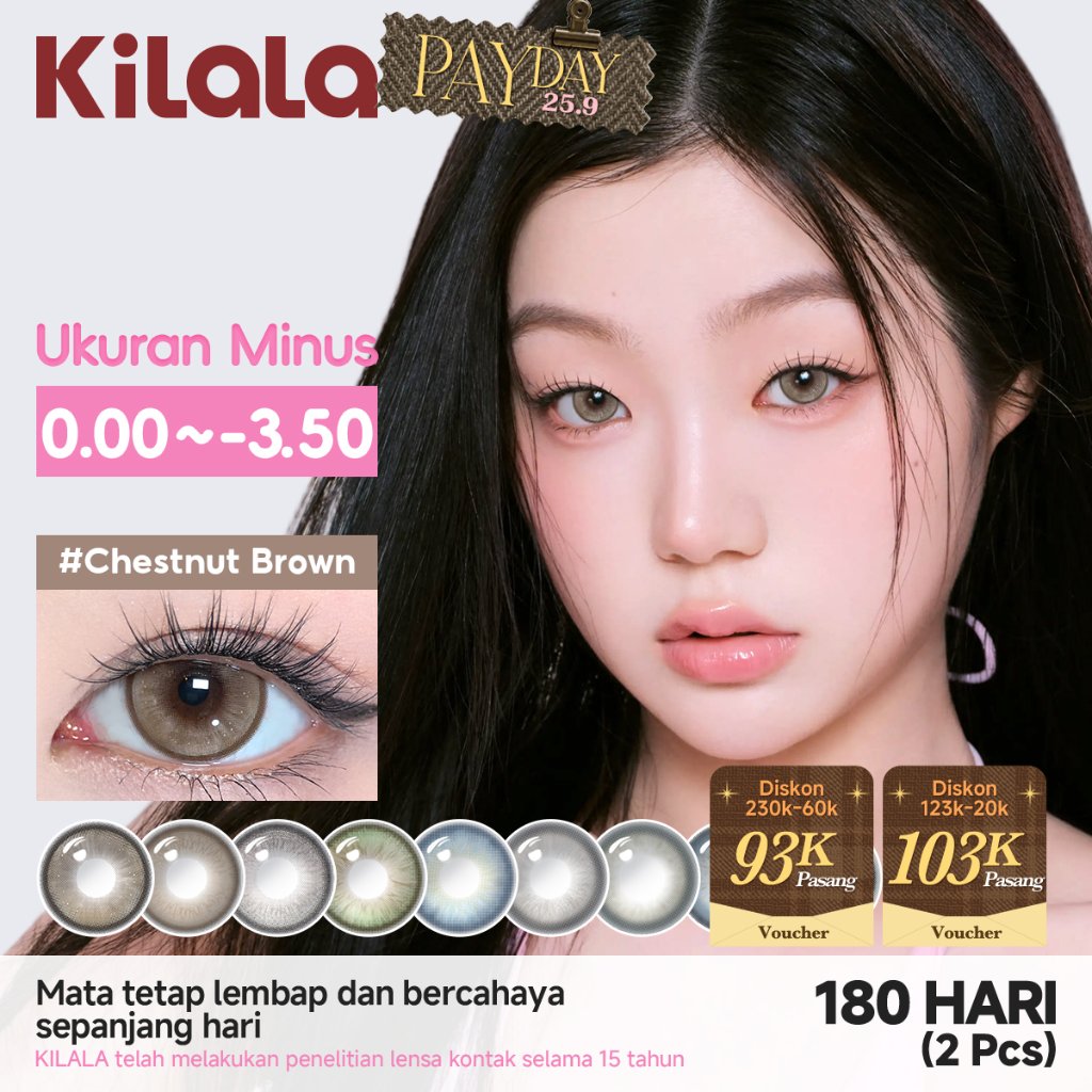 [0.00~-3.50]Kilala Softlens Normal Chestnut Brown,kadar air 38% soflens, 14.2/14.5mm ,6 Bulan,softle