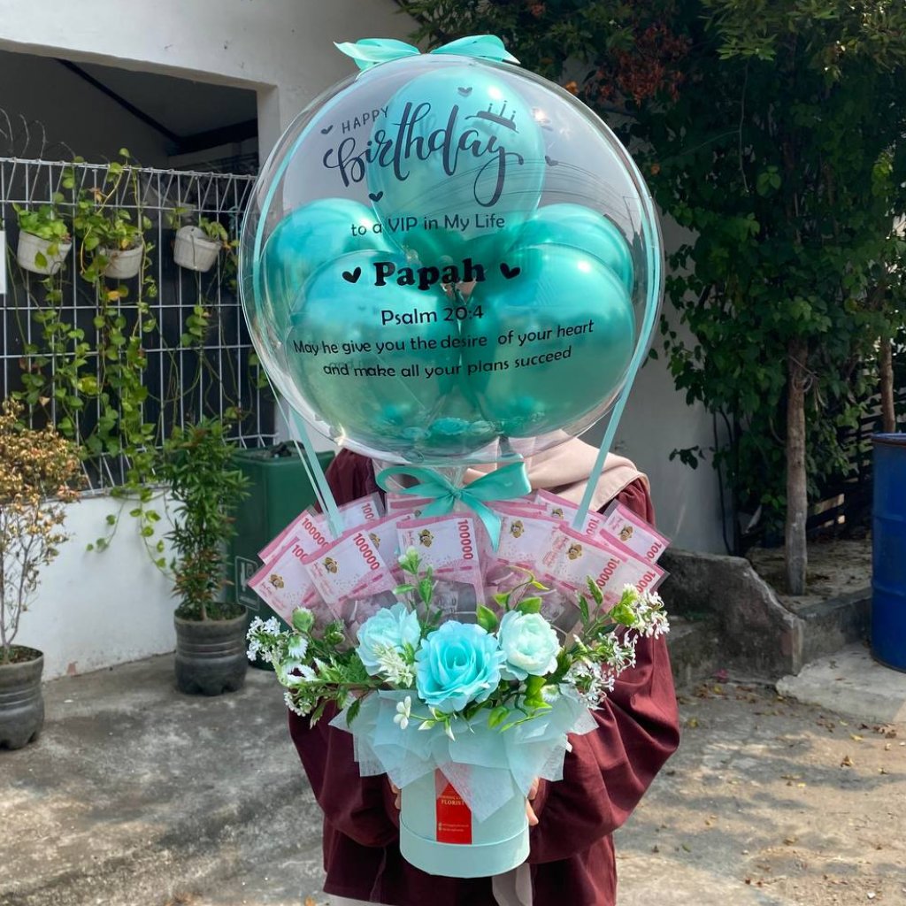 <Bisa Kirim Hari Ini>  Balon Bouquet Buket Bucket Uang + Bunga (Isi Uang Sendiri) - Morning Glory