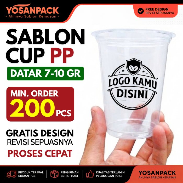 Sablon Cup Plastik Datar Gelas Minuman Kopi Custom Logo 2 Sisi