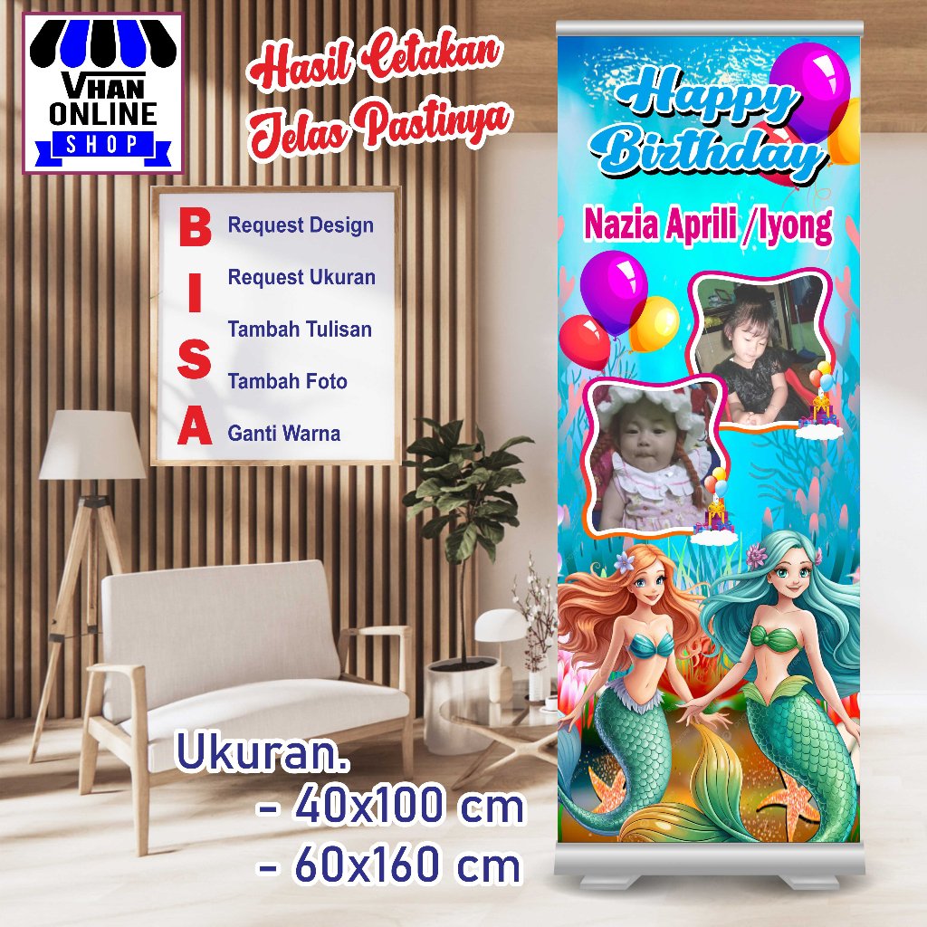 SPANDUK BANNER ULANG TAHUN MOTIF MERMAID PUTRI DUYUNG KEREN
