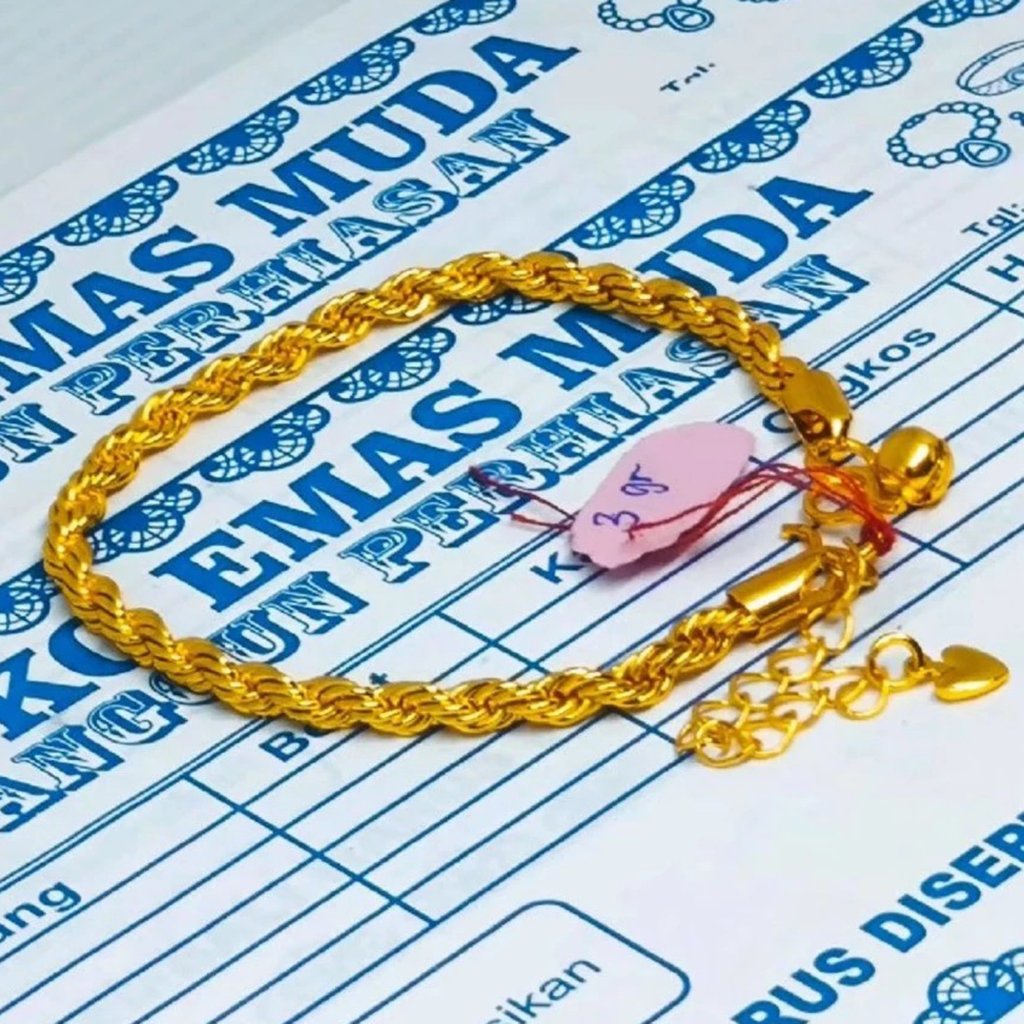 Gelang Rantai Tambang Wanita Lapis Emas Bahan Koin Model Tali Tambang Elegan dengan Bandul Love