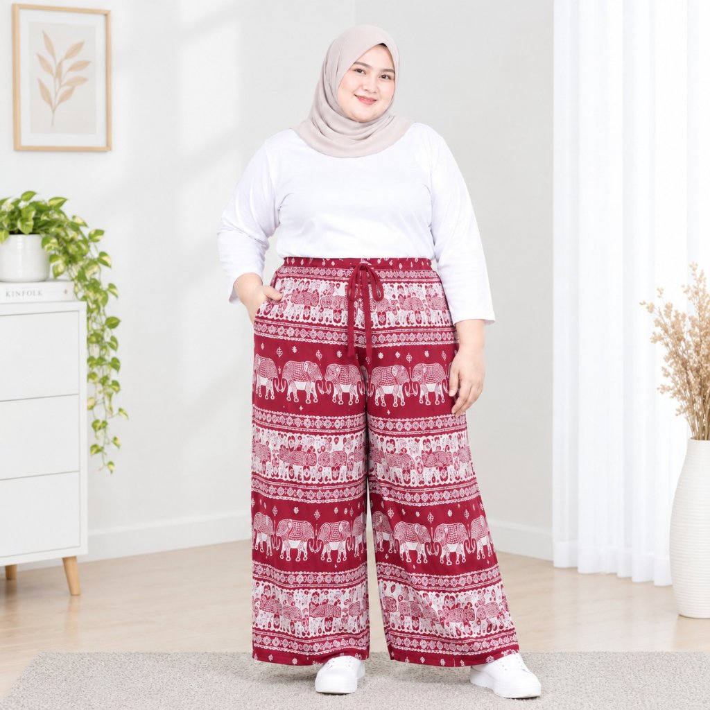 Celana Kulot Rayon Motif Gajah Unisex Remaja Panjang L XL Simple Ootd