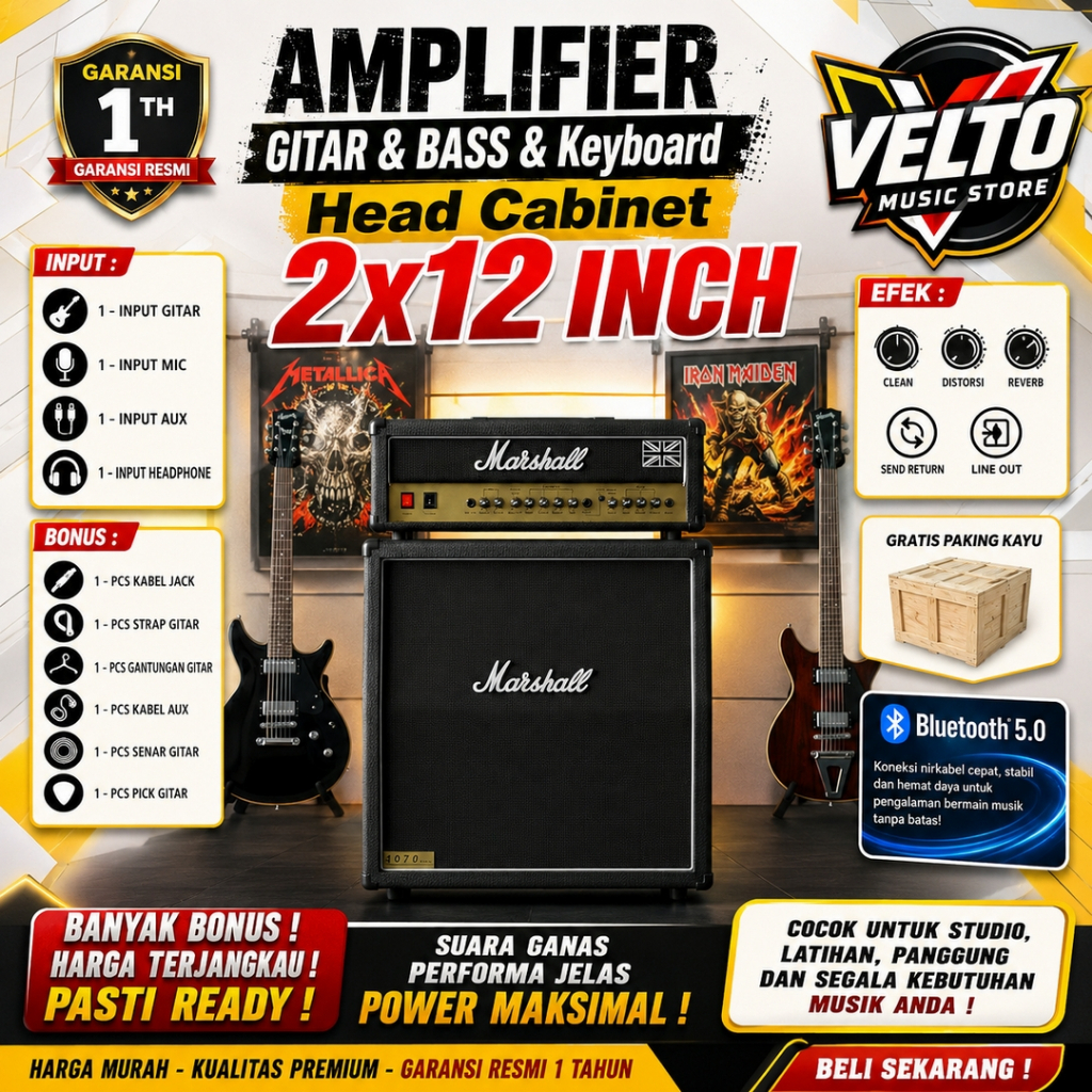 Ampli Gitar & Bass & Keyboard  2x12 Inci Bluetooth 5.0 Marshall Head Cabinet