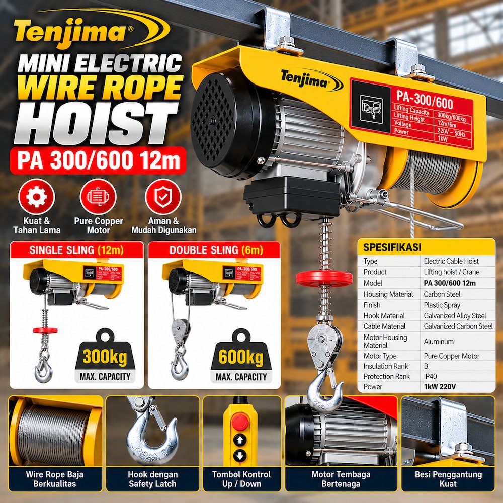 Mini Electric Hoist PA 300/600 Crane Listrik 300-600kg Wire Rope 12m