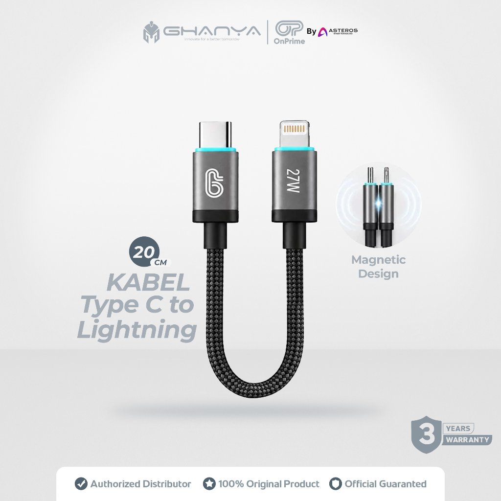 OnPrime 45152 Iron Series Kabel Data Type C to Lightning Magnetic Pendek 20CM 20W 27W 3A PD Black Hi