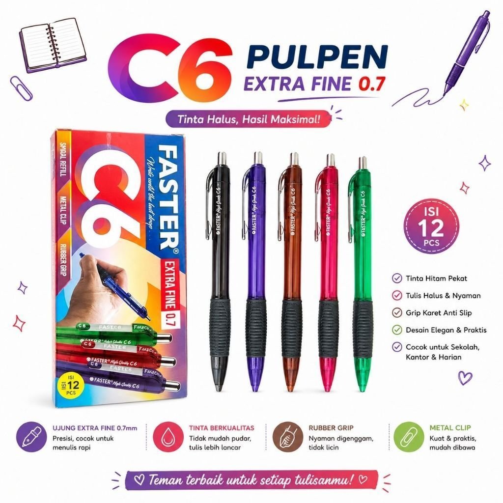 (12 PCS/1 PACK) PULPEN FASTER C6/PULPEN TINTA HITAM/PULPEN FASTER 0.7mm