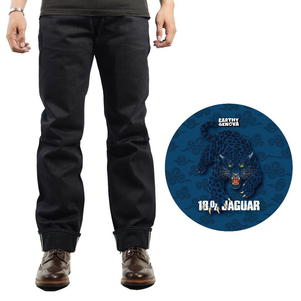 EARTHY GENOVA - Denim Selvedge JAGUAR 18 Oz Sanforized Celana Raw Jeans Pria Indigo x Indigo Color S