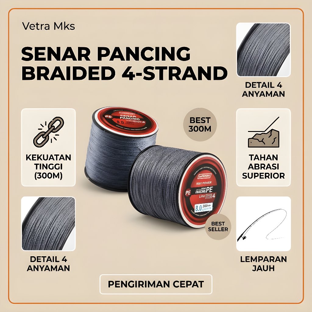 BENANG SENAR PANCING 4 ANYAMAN SERAT PE PANJANG 300M
