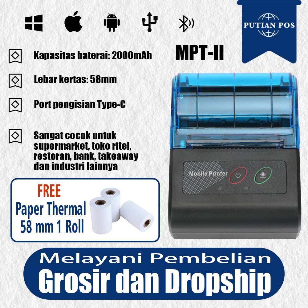 Printer Thermal Bluetooth Mini 58mm Cetak Struk Nota - Support Android IOS Windows MPT-II [Usb+Bluet
