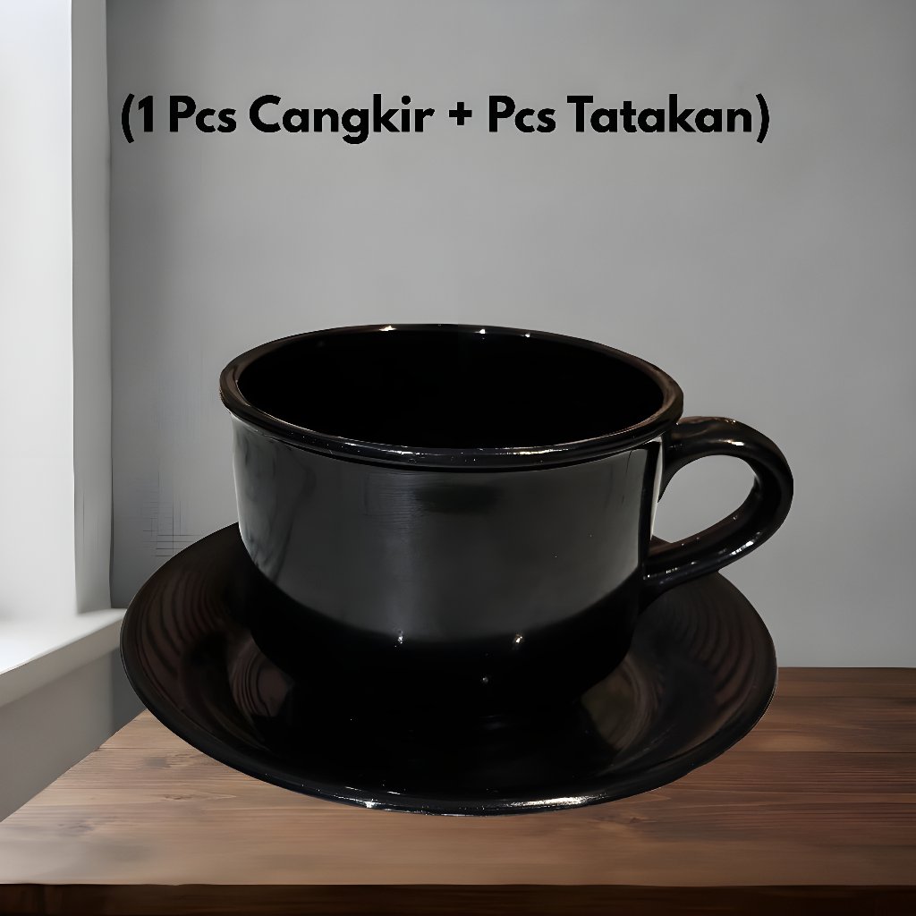 1 SET CANGKIR KOPI + TATAKAN GELAS PLASTIK SEMI MELAMIN WARNA HITAM