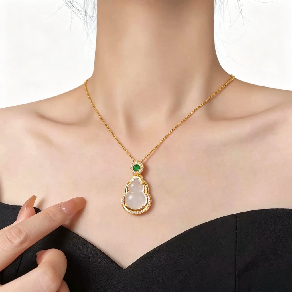 [COD]Kalung Liontin Labu Giok Putih Emas, Kalung Wanita Zircon Hijau