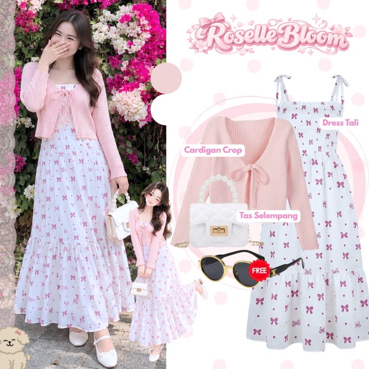Roselle Bloom Outfit Pantai Wanita (Cardigan Rajut+Dress Polkadot Wanita) Pink Outfit |WL36