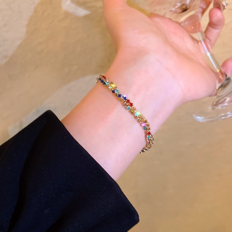 Gelang Dua Lapis dengan Permata Warna-Warni dan Nuansa Emas Retro Gelang Tali Serut dengan Zirkon Wa