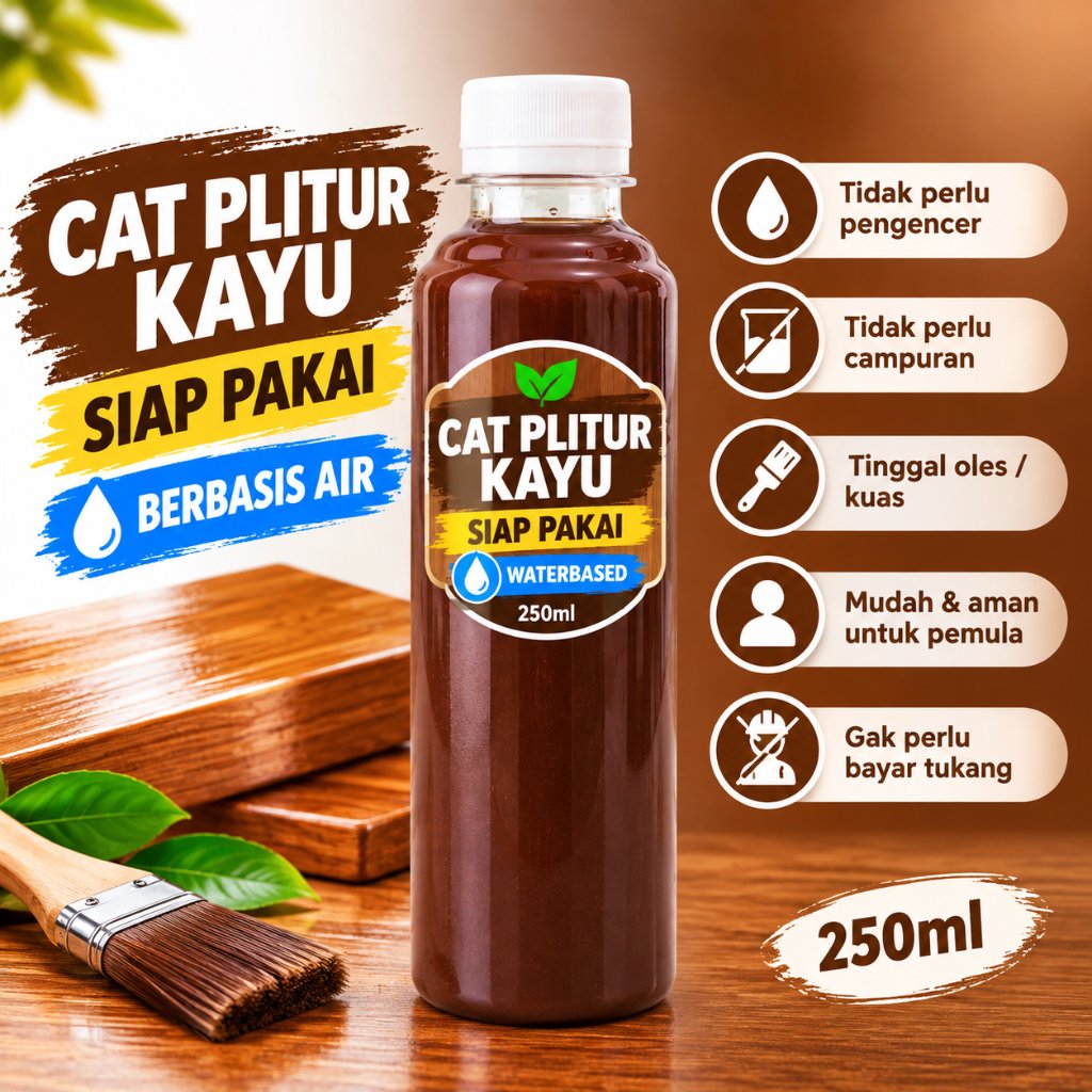 Plitur Air Kayu Waterbased 250ml Pewarna Jati Mahoni Walnut Salak Teak Akasia Woodstain Finishing Ca