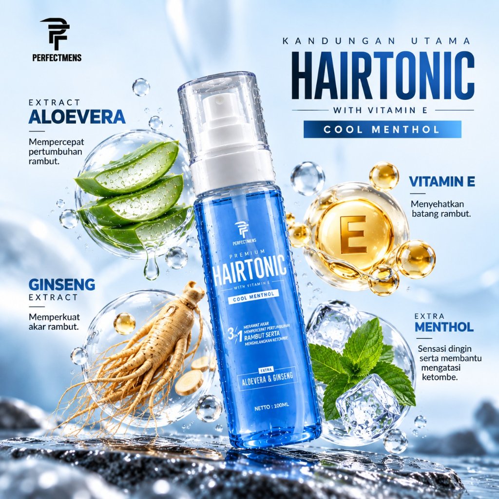 HAIRTONIC VITAMIN E & MENTHOL MEMPERKUAT AKAR RAMBUT PERFECTMENS MENUTRISI RAMBUT