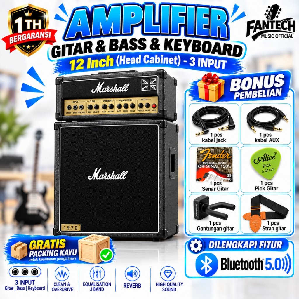 Ampli Gitar Dan Bass Dan Keyboard 12 Inch bluetooth bisa untuk karaoke Marshall 3 Input Bonus Kabel 