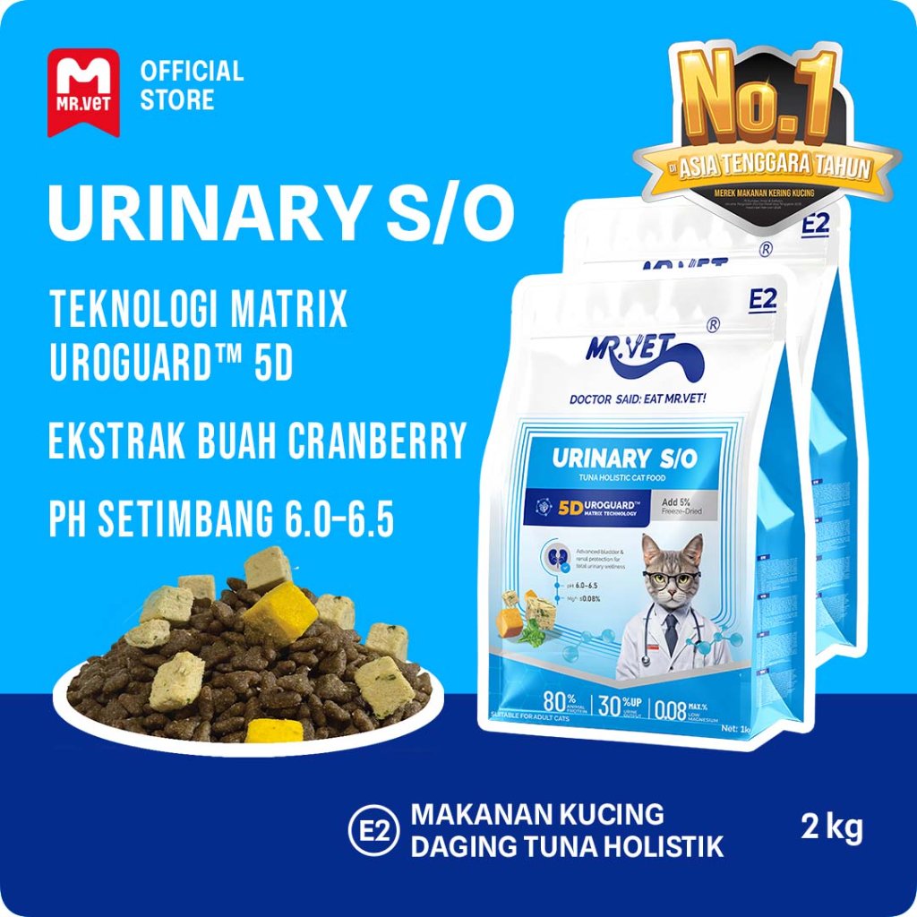 [NEW] MR.VET - Makanan kucing kering 2kg Mr. Vet E2 untuk perawatan saluran kemih, versi terbaru den