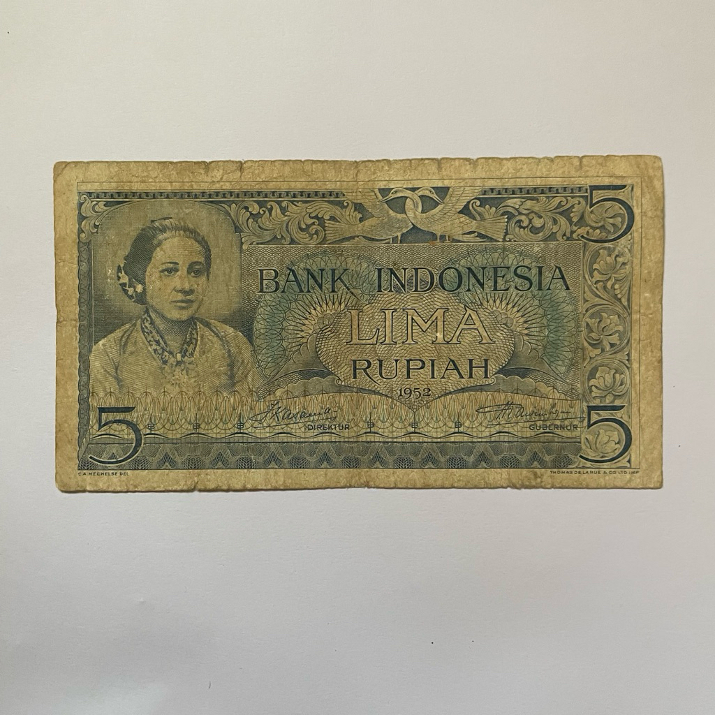 Uang Kertas Kuno 5 Rupiah R A Kartini 1952 Seri Kebudayaan Kondisi fine Original Koleksi Nostalgia